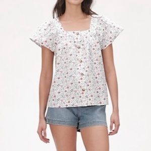GAP | Crisp Ditsy Floral Square Neckline Short Flare Sleeves Button Placket Top